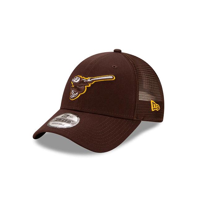 San Diego Padres New Era MLB 9Forty 940 The League Adjustable Trucker Mesh Cap Hat Dark Brown Crown/Visor Brown/White/Yellow Friar Logo