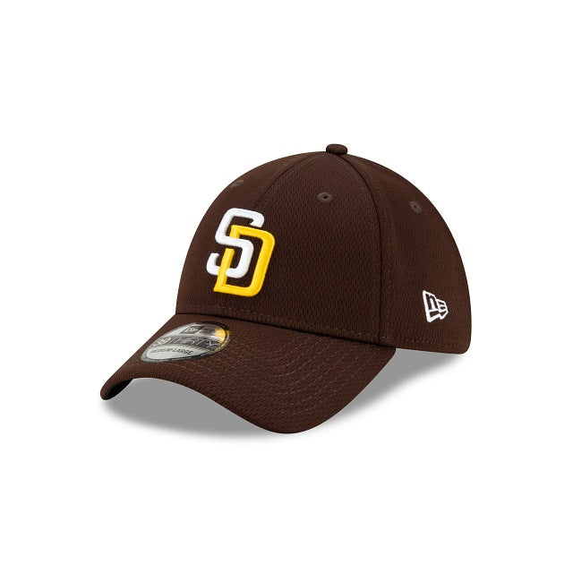 San Diego Padres New Era MLB 39THIRTY 3930 Flexfit Cap Hat Brown Crown/Visor White/Yellow Logo (Batting Practice)