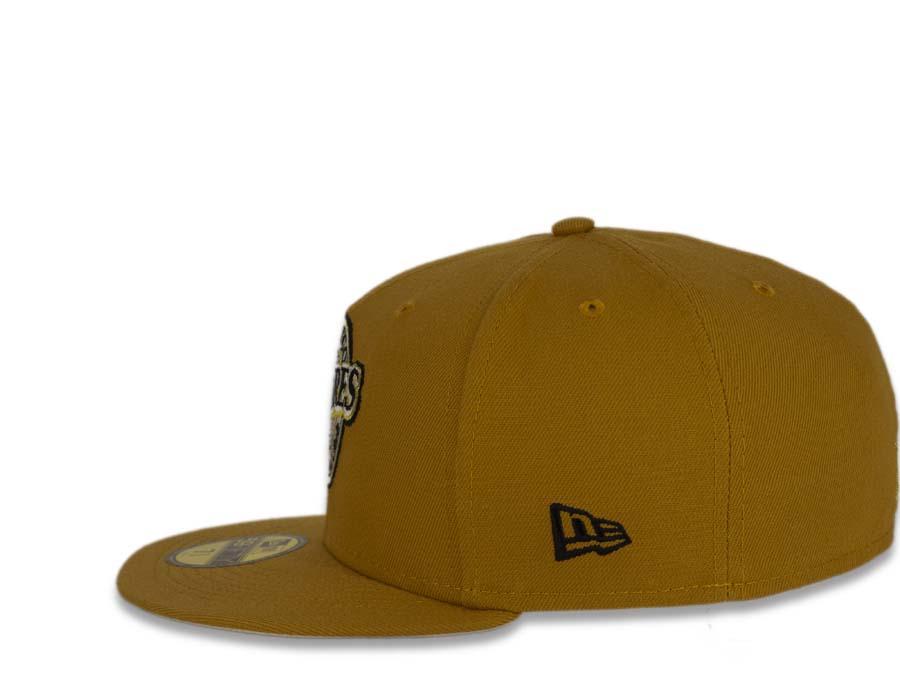 San Diego Padres New Era MLB 59FIFTY 5950 Fitted Cap Hat Tan Crown/Visor Black/Metallic Gold/Cream Retro Logo 1998 World Series Side Patch 7 5/8
