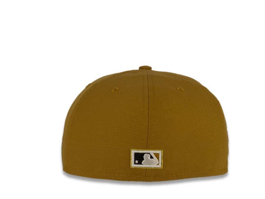 San Diego Padres New Era MLB 59FIFTY 5950 Fitted Cap Hat Tan Crown/Visor Black/Metallic Gold/Cream Retro Logo 1998 World Series Side Patch 7 5/8