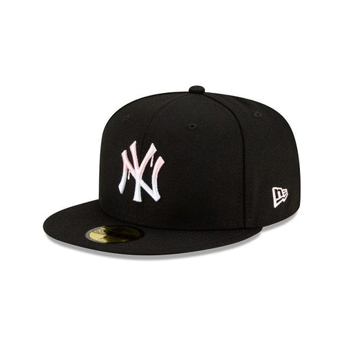 New York Yankees New Era MLB 59Fifty 5950 Fitted Cap Hat Black Crown/Visor White/Pink Logo Pink UV (Team Drip)