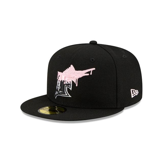 Florida Marlins New Era MLB 59FIFTY 5950 Fitted Cap Hat Black Crown/Visor White/Pink Logo Team Drip
