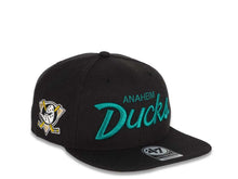 Load image into Gallery viewer, Mighty Ducks &#39;47 NHL Snapback Cap Hat Black Crown/Visor Teal Script Logo Vintage Side Patch
