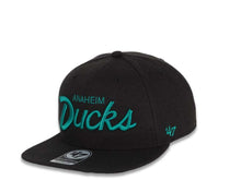 Load image into Gallery viewer, Mighty Ducks &#39;47 NHL Snapback Cap Hat Black Crown/Visor Teal Script Logo Vintage Side Patch
