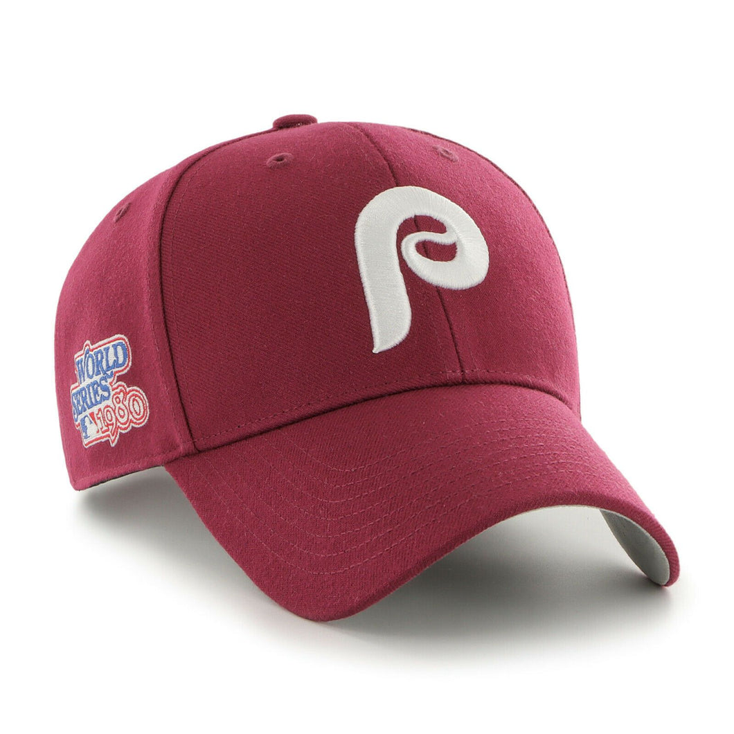 Philadelphia Phillies Cooperstown '47 Brand MLB MVP Adjustable Snapback Closure Cap Hat Maroon Crown/Visor White Logo 1980 World Series Side Patch Gray UV