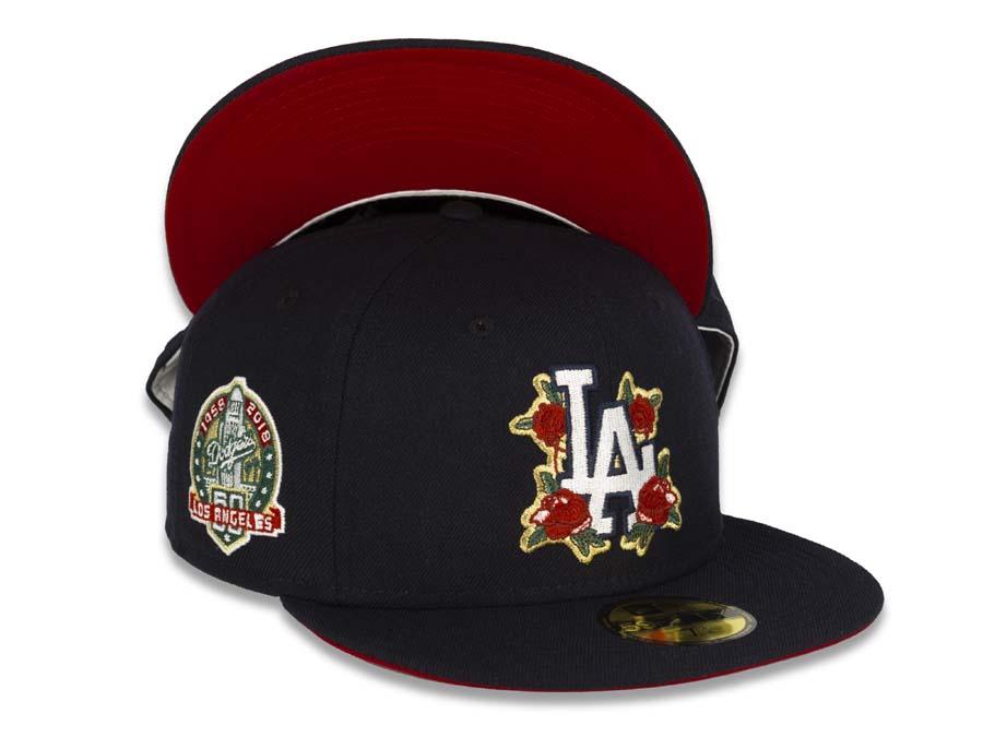 Los Angeles Dodgers New Era MLB 59FIFTY 5950 Fitted Cap Hat Navy Crown/Visor White Logo with Flowers 60th Anniversary Side Patch