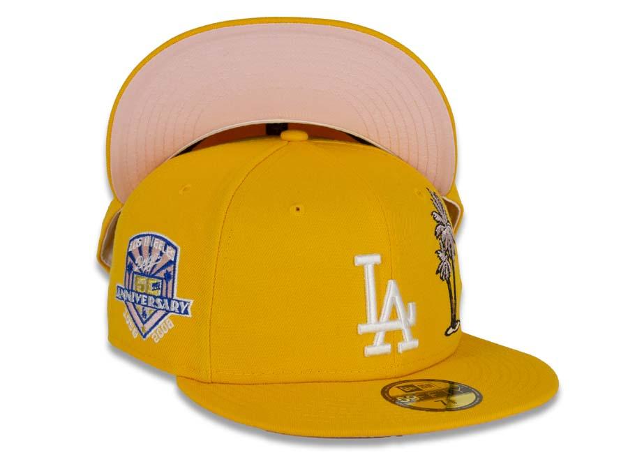 Los Angeles Dodgers New Era MLB 59Fifty 5950 Fitted Cap Hat Gold Crown/Visor White Logo with Palm Tree 50th Anniversary Side Patch Pink UV