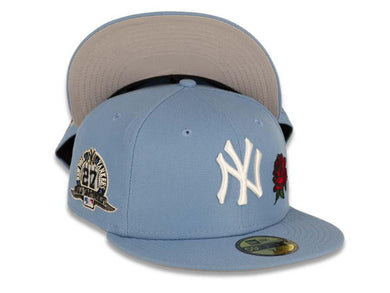 New York Yankees New Era MLB 59Fifty 5950 Fitted Cap Hat Sky Blue Crown/Visor White Logo with Roses 27X World Series Champions Side Patch Apple Back Logo Gray UV