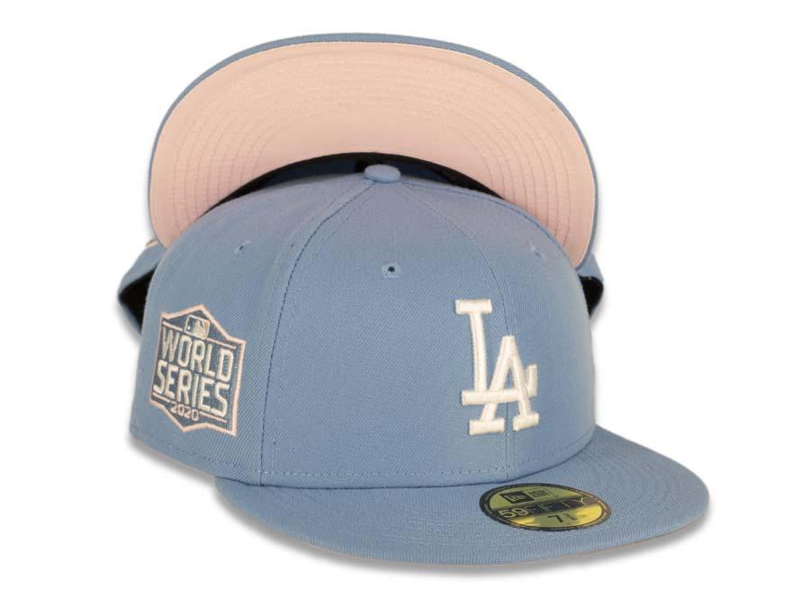 Los Angeles Dodgers New Era MLB 59Fifty 5950 Fitted Cap Hat Sky Blue Crown/Visor White Logo 2020 World Series Side Patch Pink UV