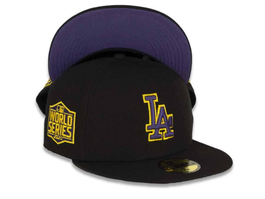 Los Angeles Dodgers New Era MLB 59Fifty 5950 Fitted Cap Hat Black Crown/Visor Purple/Yellow Logo 2020 World Series Side Patch Purple UV