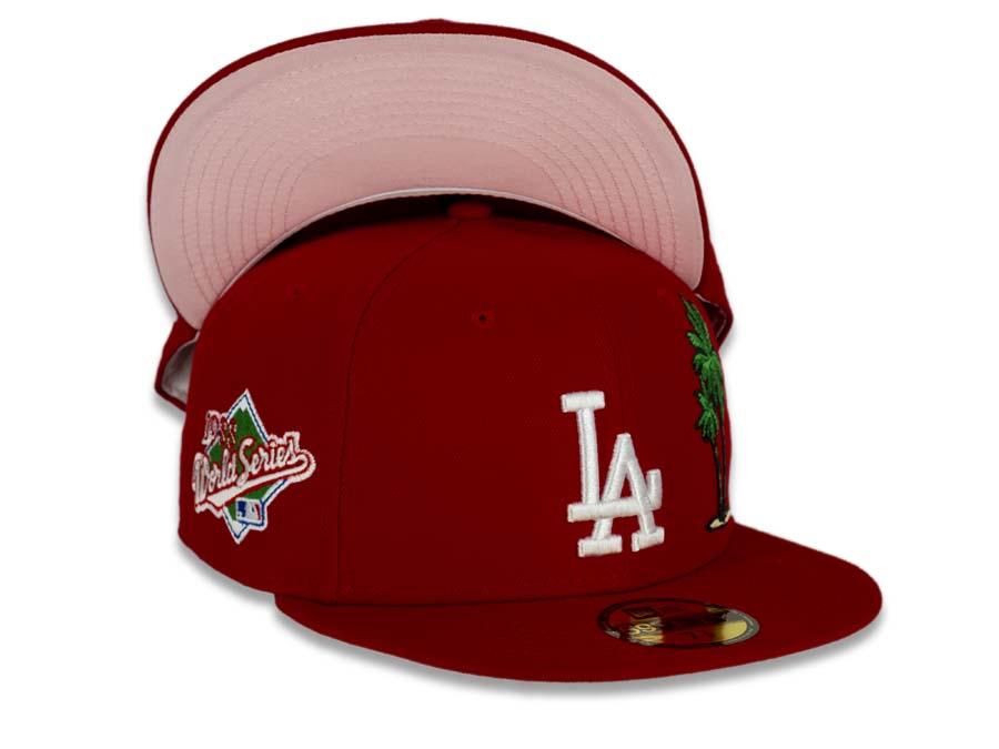 Los Angeles Dodgers New Era MLB 59Fifty 5950 Fitted Cap Hat Red Crown/Visor White Logo with Palm Tree 1988 World Series Side Patch Pink UV