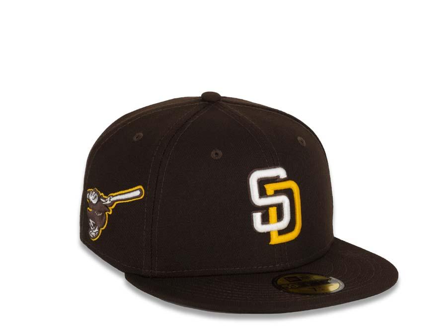 San Diego Padres New Era MLB 59Fifty 5950 Fitted Cap Hat Dark Brown Crown/Visor White/Gold Logo Friar Side Patch Black UV