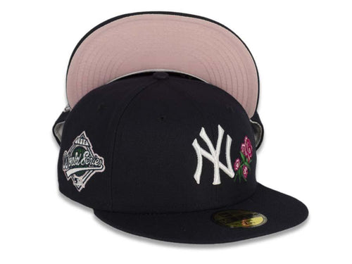 New York Yankees New Era MLB 59Fifty 5950 Fitted Cap Hat Team Color Navy Crown/Visor White Logo with Roses 1996 World Series Side Patch Pink UV