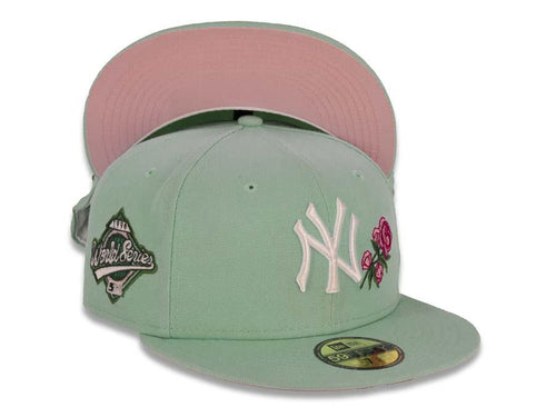 New York Yankees New Era MLB 59Fifty 5950 Fitted Cap Hat Pistachio Green Crown/Visor White Logo with Roses 1996 World Series Side Patch Pink UV