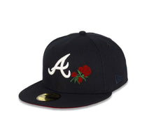 Load image into Gallery viewer, Atlanta Braves New Era MLB 59Fifty 5950 Fitted Cap Hat Navy Crown/Visor White Logo with Roses 1995 World Series Side Patch Red UV
