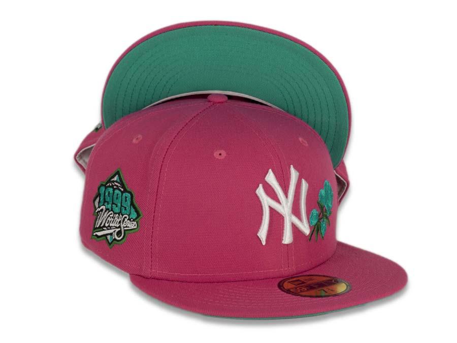 New York Yankees New Era MLB 59Fifty 5950 Fitted Cap Hat Beetroot Purple Crown/Visor White Logo with Roses 1999 World Series Side Patch Teal UV