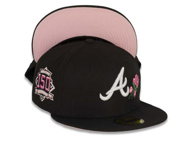 Atlanta Braves New Era MLB 59Fifty 5950 Fitted Cap Hat Black Crown/Visor White Logo with Roses 150th Anniversary Side Patch Pink UV