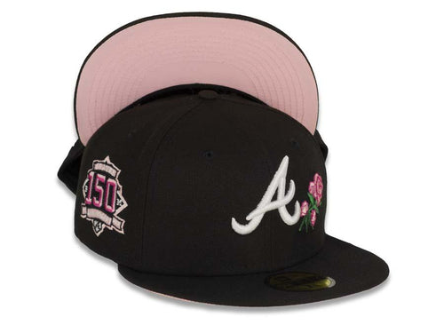 Atlanta Braves New Era MLB 59Fifty 5950 Fitted Cap Hat Black Crown/Visor White Logo with Roses 150th Anniversary Side Patch Pink UV