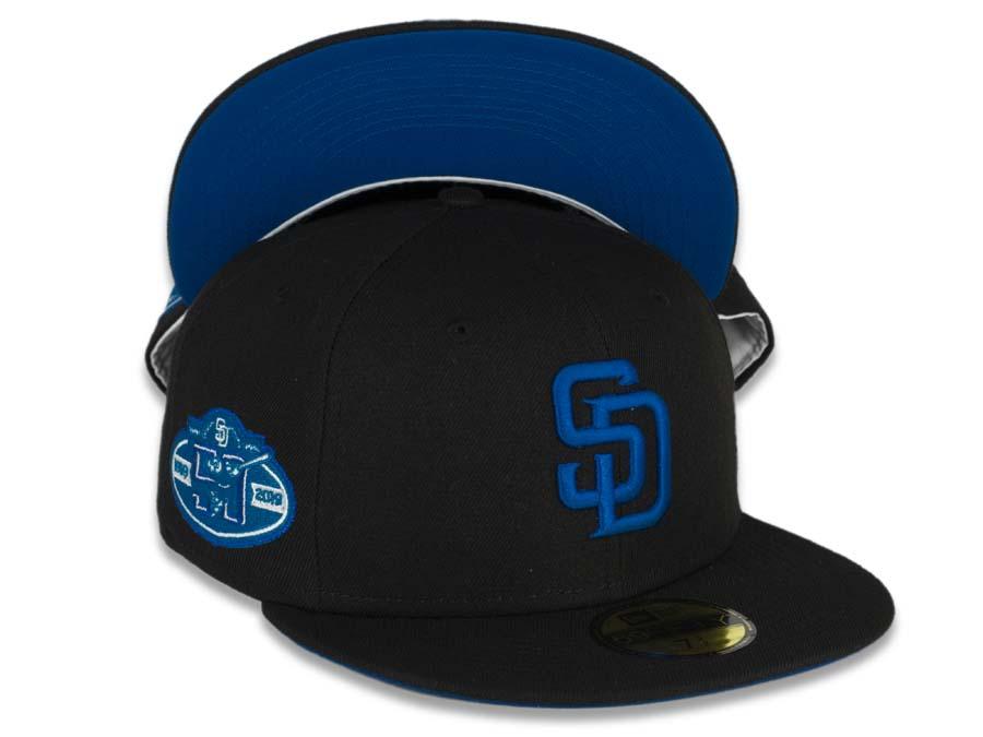San Diego Padres New Era MLB 59FIFTY 5950 Fitted Cap Hat Black Crown/Visor Royal Blue Logo 50th Anniversary Side Patch
