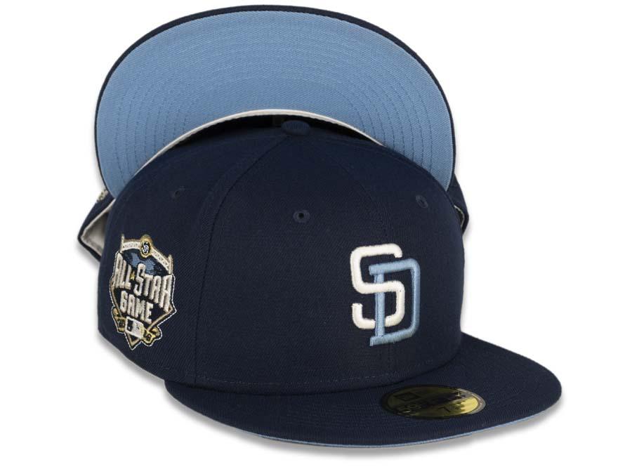 San Diego Padres New Era MLB 59Fifty 5950 Fitted Cap Hat Navy Crown/Visor White/Sky Blue Logo 2016 All-Star Game Side Patch Sky Blue UV