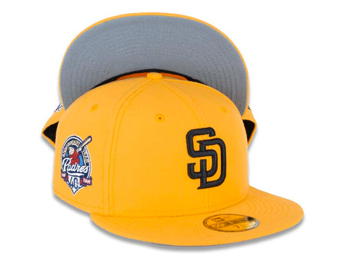 San Diego Padres New Era MLB 59FIFTY 5950 Fitted Cap Hat A Gold Crown/Visor Black Logo 40th Anniversary Side Patch Gray UV