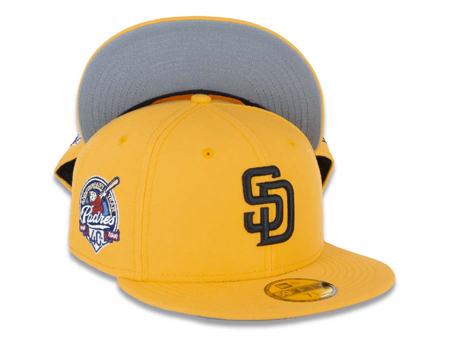 San Diego Padres New Era MLB 59FIFTY 5950 Fitted Cap Hat A Gold Crown/Visor Black Logo 40th Anniversary Side Patch Gray UV