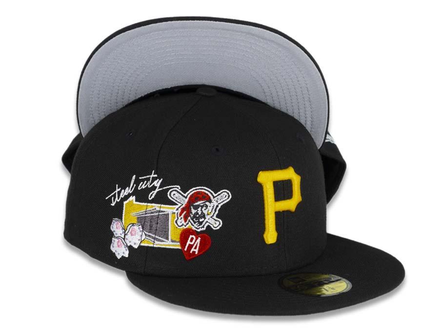 Pittsburgh Pirates New Era MLB 59FIFTY 5950 Fitted Cap Hat Team Color Black Crown/Visor Yellow Logo City Cluster