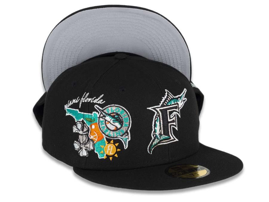 Florida Marlins New Era MLB 59FIFTY 5950 Fitted Cap Hat Black Crown/Visor Team Color Logo City Cluster