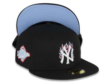 New York Yankees New Era MLB 59FIFTY 5950 Fitted Cap Hat Black Crown/Visor White/Red/Sky Blue Logo Team Fire Flame
