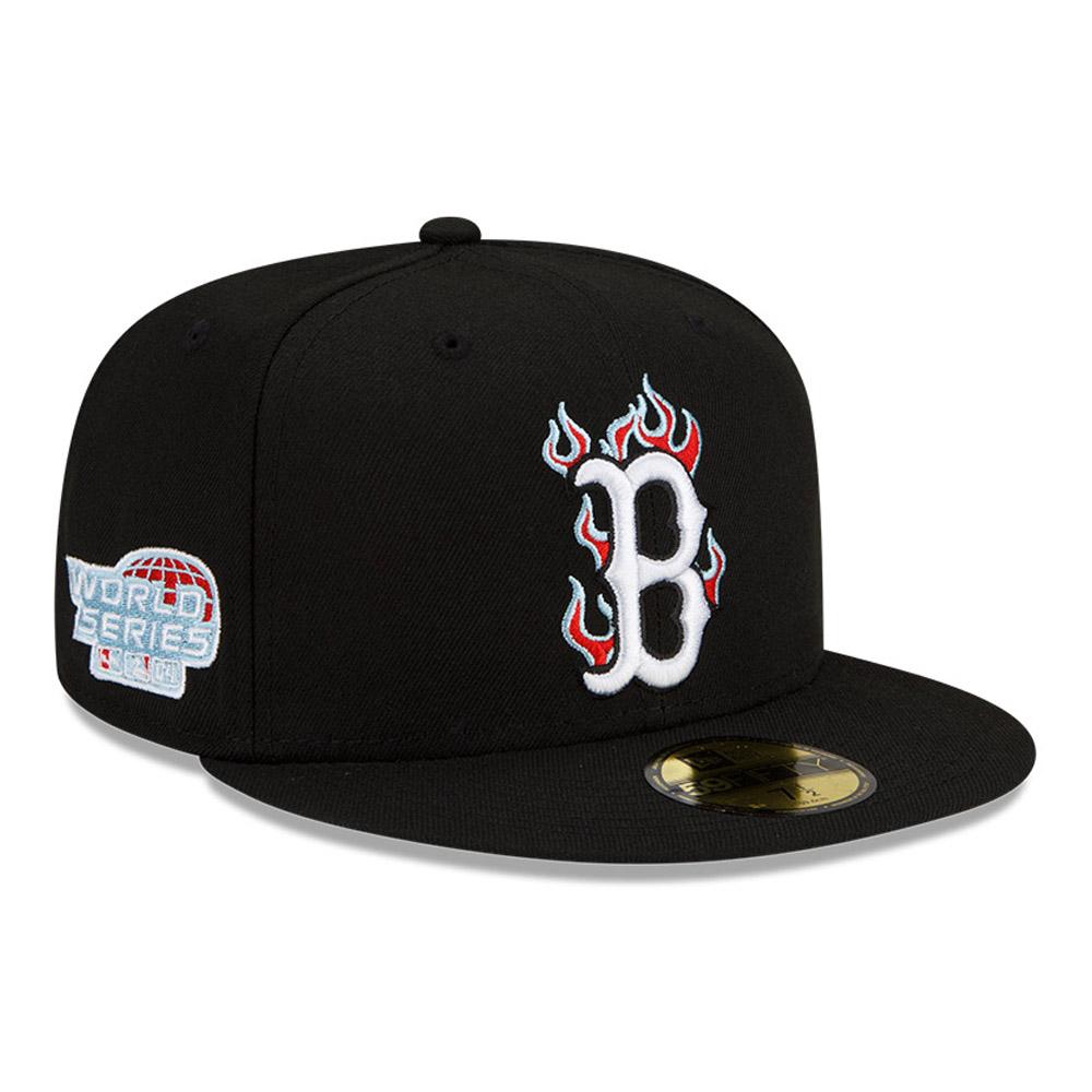 Boston Red Sox New Era MLB 59FIFTY 5950 Fitted Cap Hat Black Crown/Visor White/Red/Sky Blue Logo Team Fire Flame