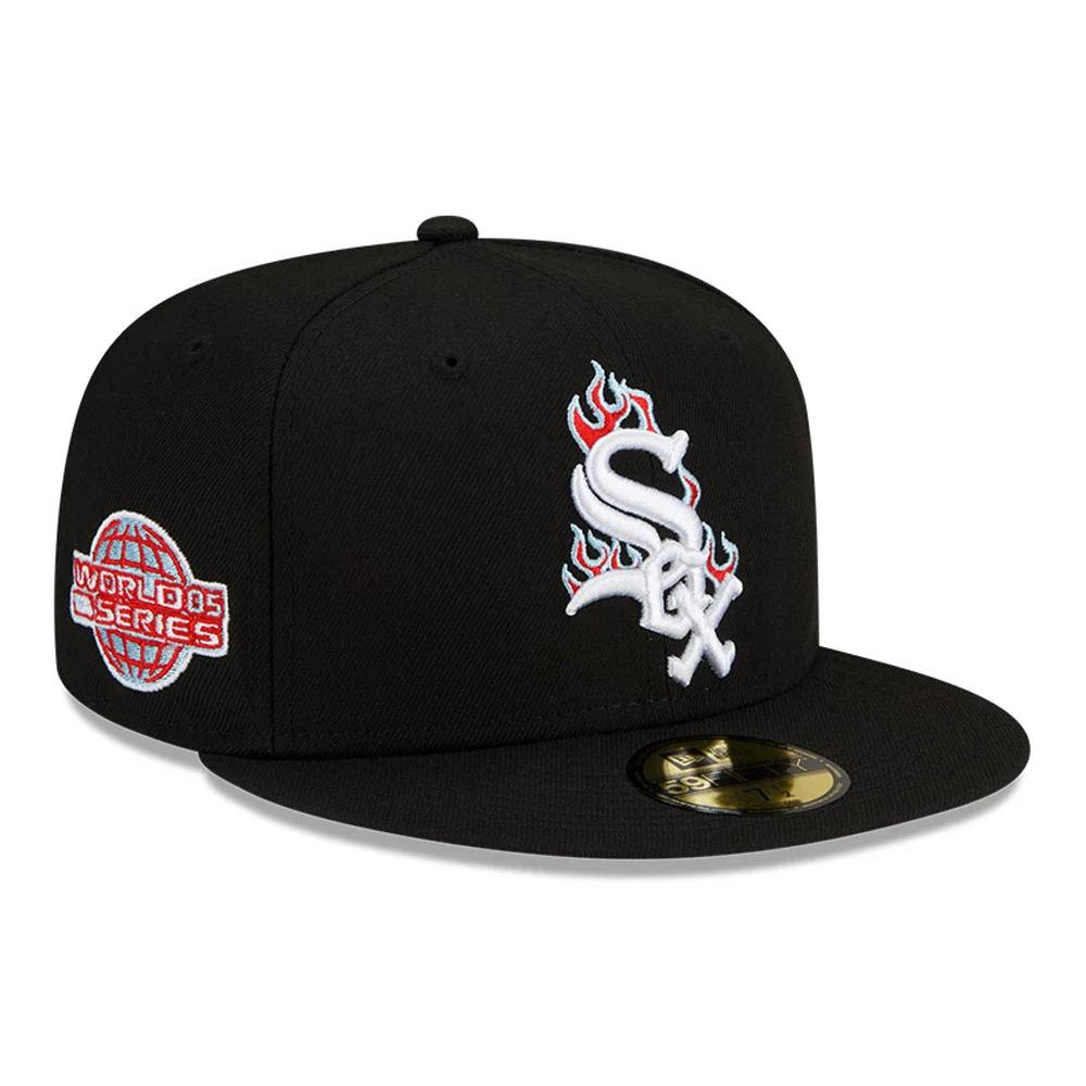 Chicago White Sox New Era MLB 59FIFTY 5950 Fitted Cap Hat Black Crown/Visor White/Red/Sky Blue Logo Team Fire Flame