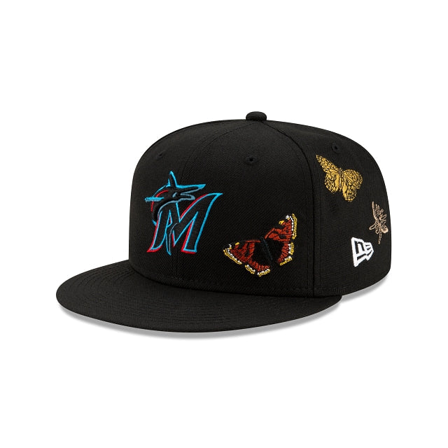 Miami Marlins New Era MLB 59FIFTY 5950 Fitted Cap Hat Black Crown/Visor Team Color Logo with Butterflies (Felt)