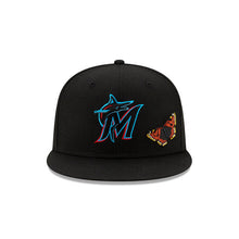 Load image into Gallery viewer, Miami Marlins New Era MLB 59FIFTY 5950 Fitted Cap Hat Black Crown/Visor Team Color Logo with Butterflies (Felt)
