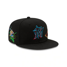 Load image into Gallery viewer, Miami Marlins New Era MLB 59FIFTY 5950 Fitted Cap Hat Black Crown/Visor Team Color Logo with Butterflies (Felt)
