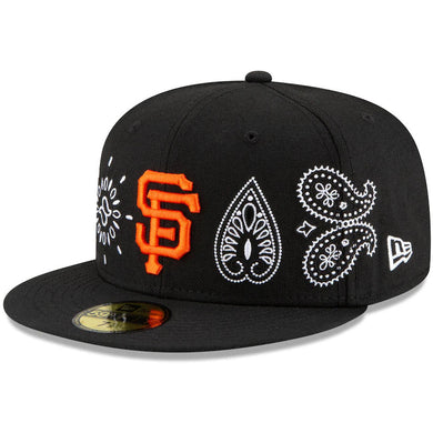 San Francisco Giants New Era MLB 59FIFTY 5950 Fitted Cap Hat Black Crown/Visor Orange Logo Green UV (Paisley)