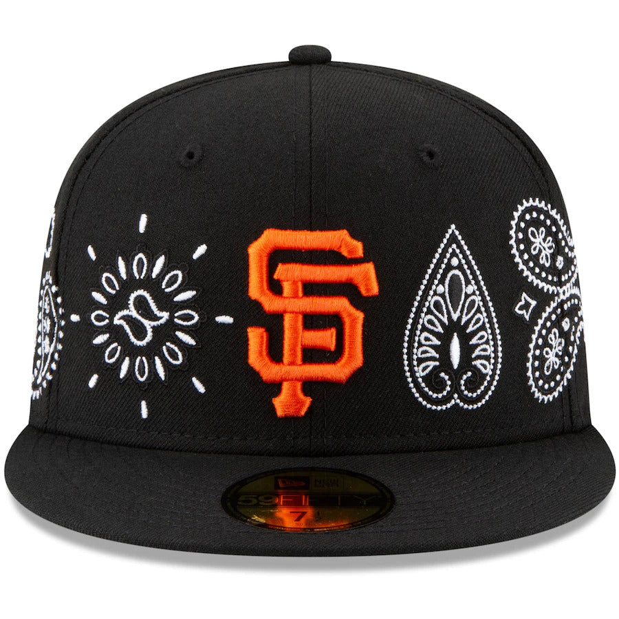 San Francisco Giants New Era MLB 59FIFTY 5950 Fitted Cap Hat Black  Crown/Visor Orange Logo Green UV (Paisley)