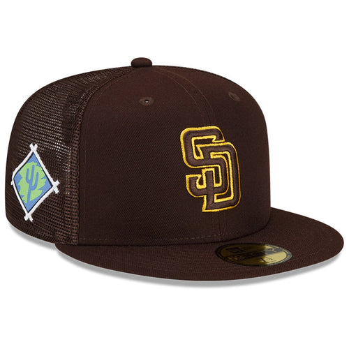 San Diego Padres New Era MLB 59FIFTY 5950 Mesh Trucker 2022 Fitted Spring Training Cap Hat Brown Crown/Visor Brown/Yellow Logo