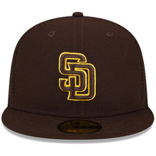 Load image into Gallery viewer, San Diego Padres New Era MLB 59FIFTY 5950 Mesh Trucker 2022 Fitted Spring Training Cap Hat Brown Crown/Visor Brown/Yellow Logo
