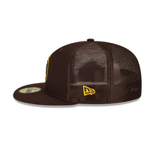 Load image into Gallery viewer, San Diego Padres New Era MLB 59FIFTY 5950 Fitted Trucker Mesh Cap Hat Dark Brown Crown/Visor Yellow Logo Side Patch (2022 Spring Training)
