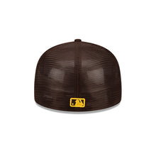 Load image into Gallery viewer, San Diego Padres New Era MLB 59FIFTY 5950 Fitted Trucker Mesh Cap Hat Dark Brown Crown/Visor Yellow Logo Side Patch (2022 Spring Training)
