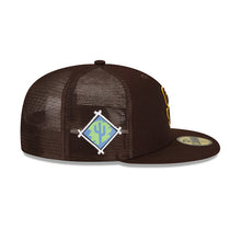 Load image into Gallery viewer, San Diego Padres New Era MLB 59FIFTY 5950 Fitted Trucker Mesh Cap Hat Dark Brown Crown/Visor Yellow Logo Side Patch (2022 Spring Training)
