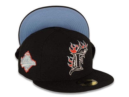 Florida Marlins New Era MLB 59FIFTY 5950 Fitted Cap Hat Black Crown/Visor White/Red/Sky Blue Logo Sky Blue UV Team Fire Flame
