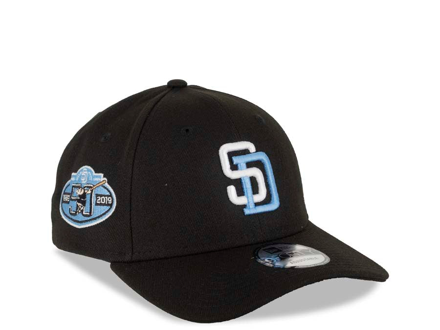 San Diego Padres New Era MLB 9FORTY 940 Adjustable Cap Hat Black Crown/Visor White/Sky Blue Logo 50th Anniversary Side Patch