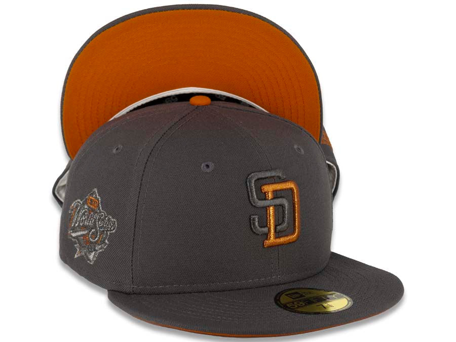 San Diego Padres New Era MLB 59FIFTY 5950 Fitted Cap Hat Dark Gray Crown/Visor Metallic Black/Metallic Copper Logo 1998 World Series Side Patch