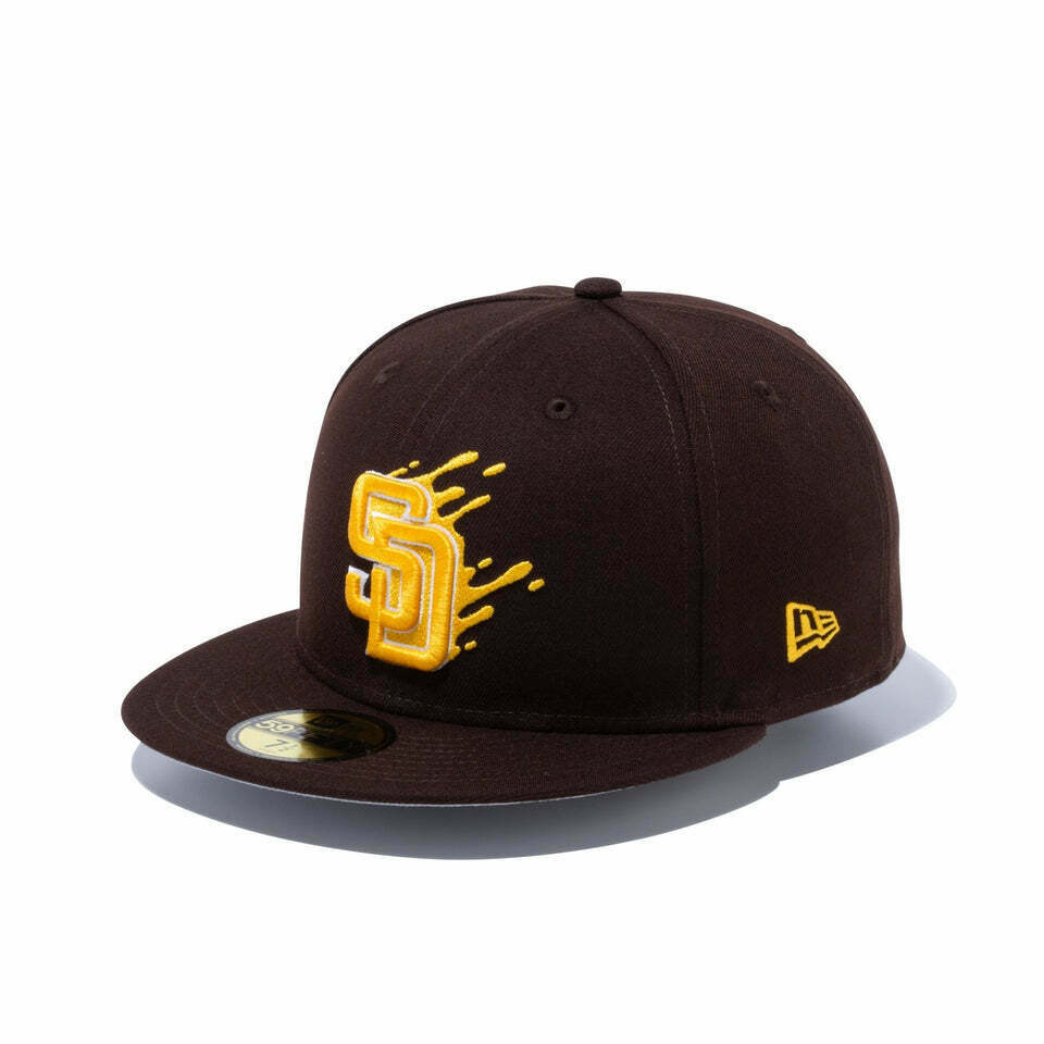 San Diego Padres New Era MLB 59FIFTY 5950 Fitted Cap Hat Dark Brown Crown/Visor Yellow/White Splatter Logo 