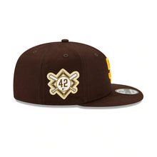 Load image into Gallery viewer, San Diego Padres New Era MLB 9FIFTY 950 Snapback Cap Hat Brown Crown/Visor Yellow Logo Jackie Robinson Day Side Patch
