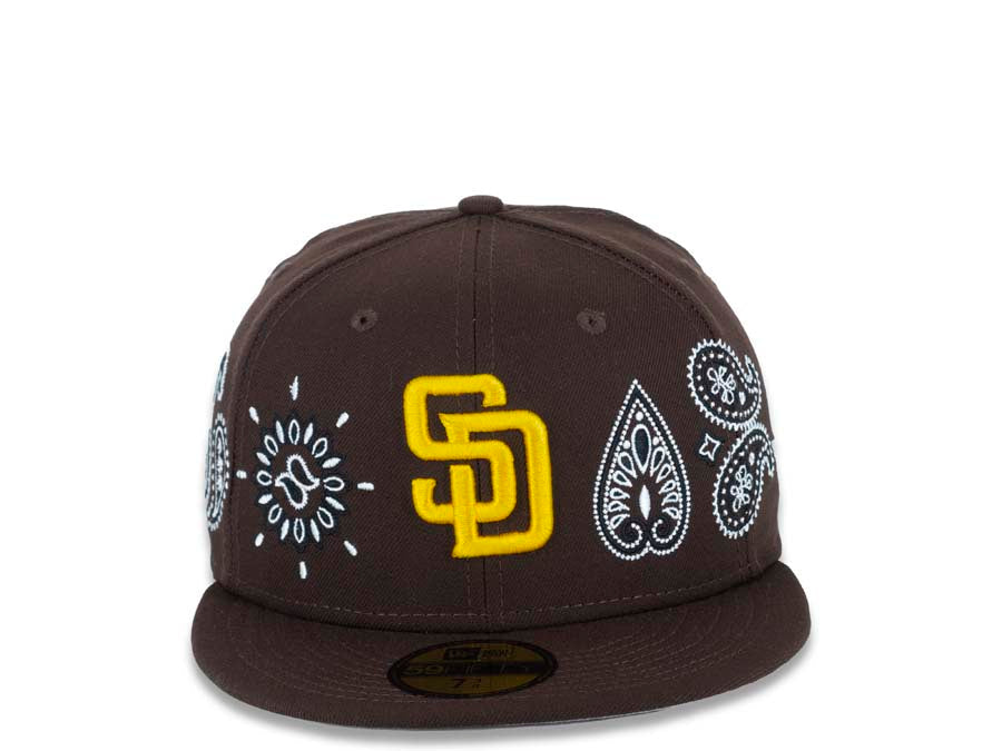 San Diego Padres New Era MLB 59FIFTY 5950 Fitted Cap Hat Brown Crown/Visor  Yellow Logo (Paisley)