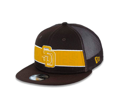 San Diego Padres New Era MLB 9FIFTY 950 Tonal Band Mesh Trucker Snapback Cap Hat Brown Crown/Visor Yellow/White Logo 