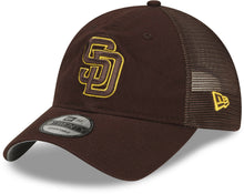Load image into Gallery viewer, San Diego Padres New Era MLB 9TWENTY 920 2022 Clubhouse Mesh Trucker Adjustable Cap Hat Brown Crown/Visor Brown/Yellow Logo 

