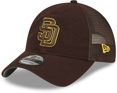 San Diego Padres New Era MLB 9TWENTY 920 2022 Clubhouse Mesh Trucker Adjustable Cap Hat Brown Crown/Visor Brown/Yellow Logo 